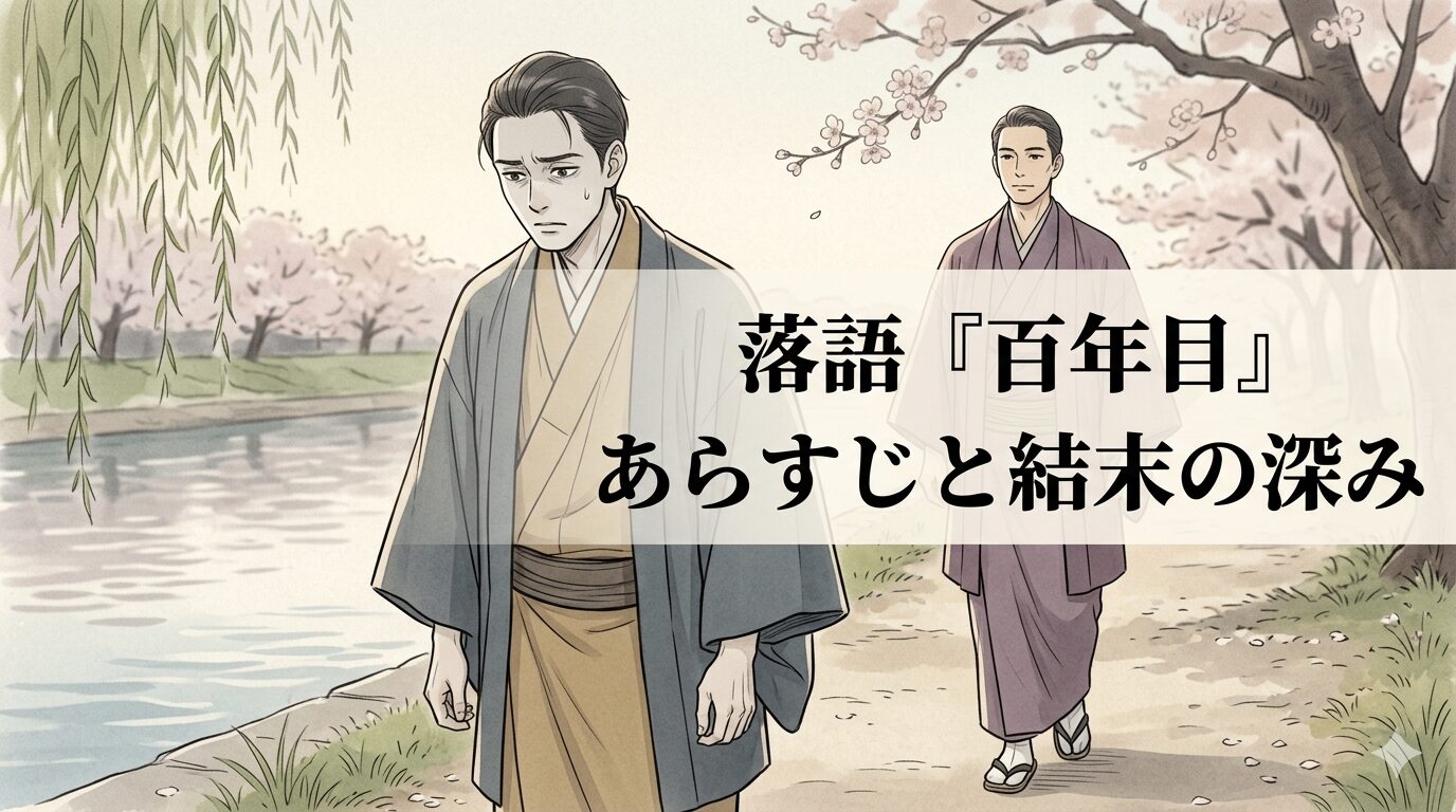 花見帰りの川沿いで、うなだれる番頭を後ろから旦那が見守る『百年目』の情景