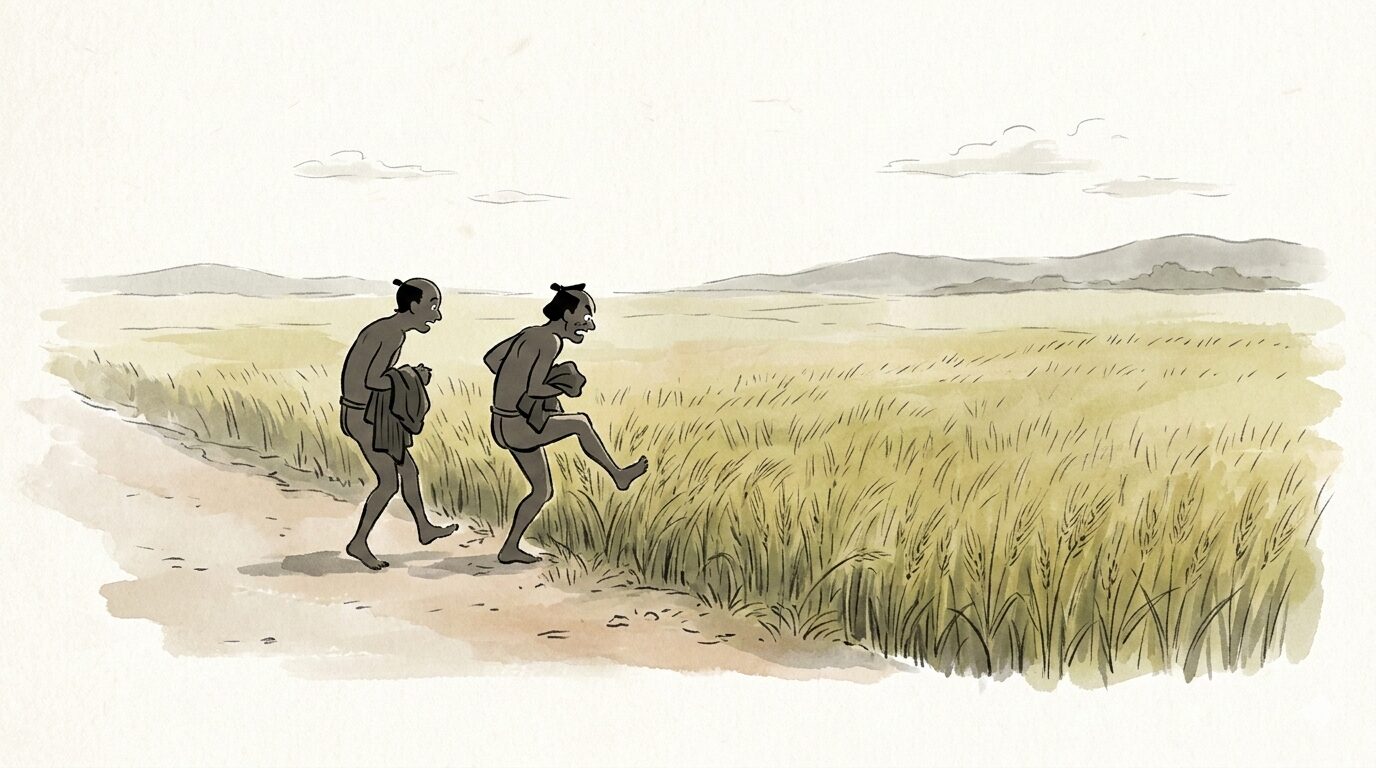 昼の街道で喜六と清八が大きな川と思い込み裸で麦畑へ踏み込む一場面