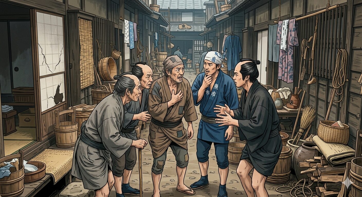 店賃の催促を恐れて集まり相談する長屋の住人たち