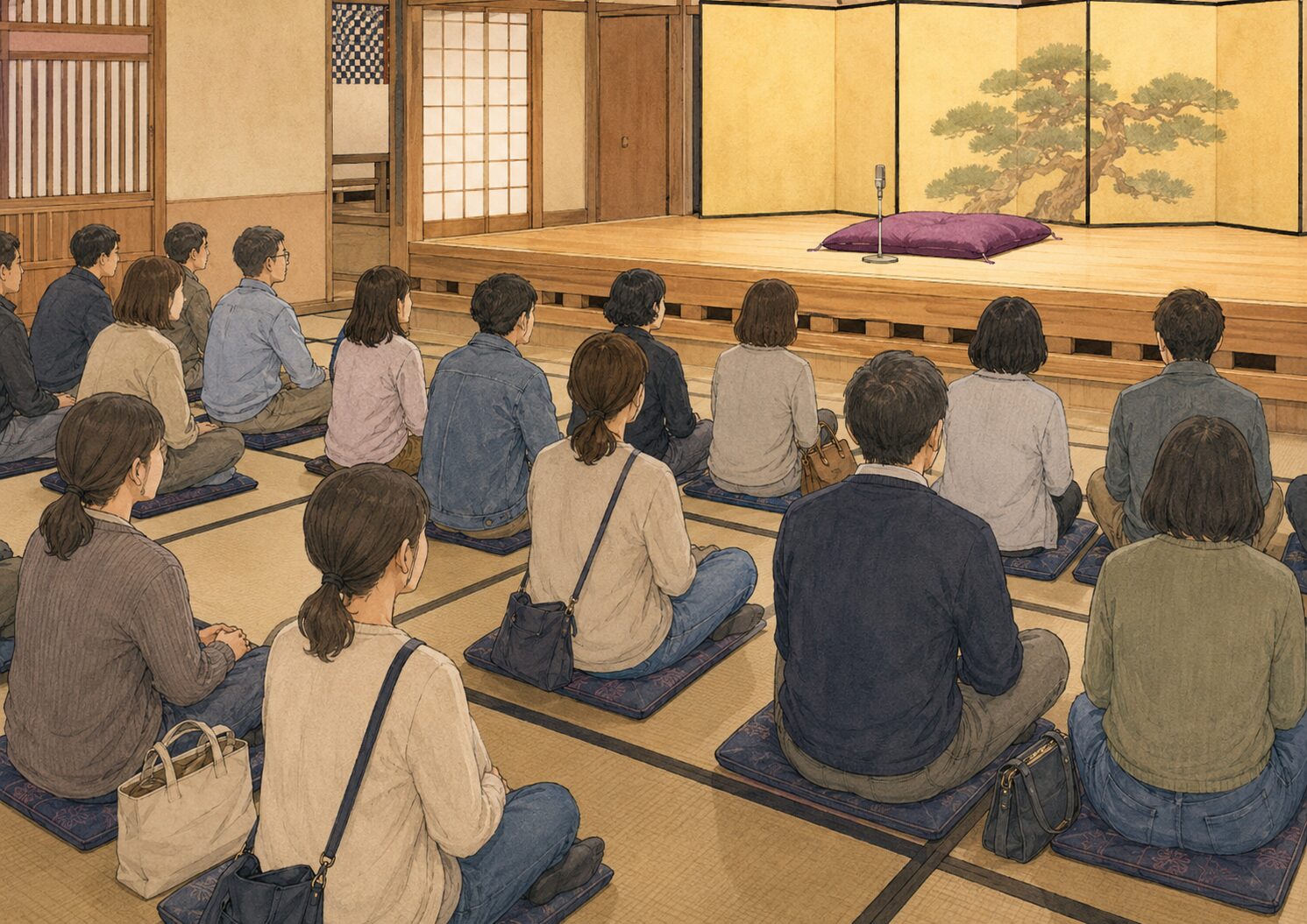 寄席でスマホや私語に気をつけて静かに落語を聴く客席
