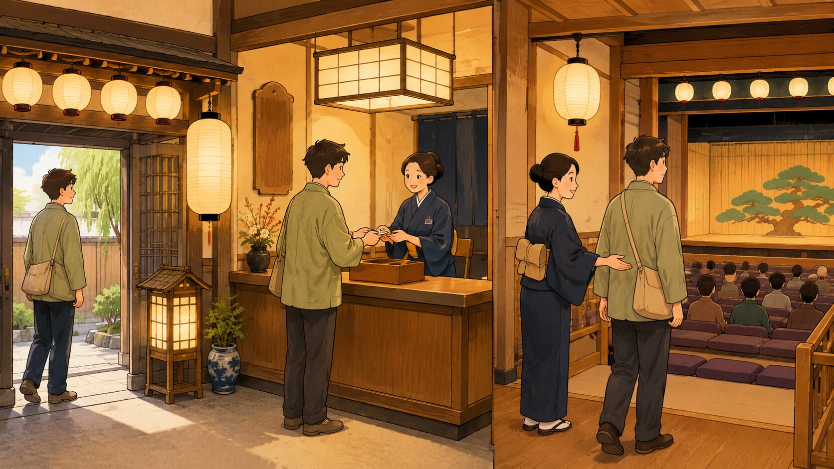 寄席初心者が受付で木戸銭を払い客席へ入る流れ