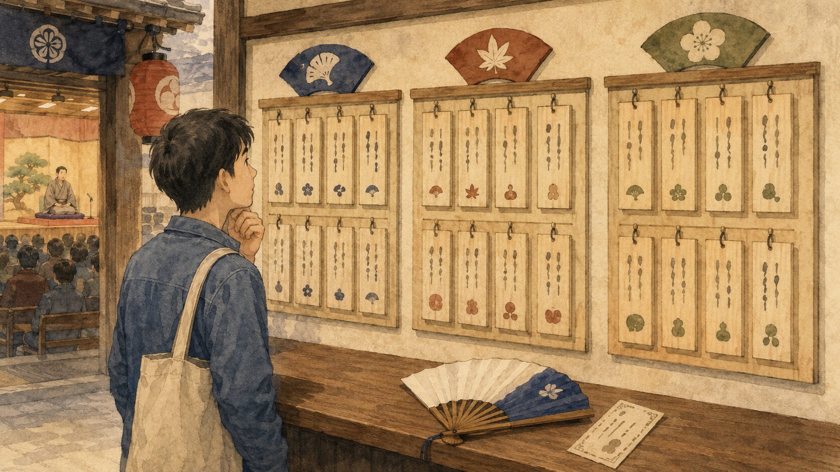 寄席の番組表を見て上席中席下席の違いを確認する様子