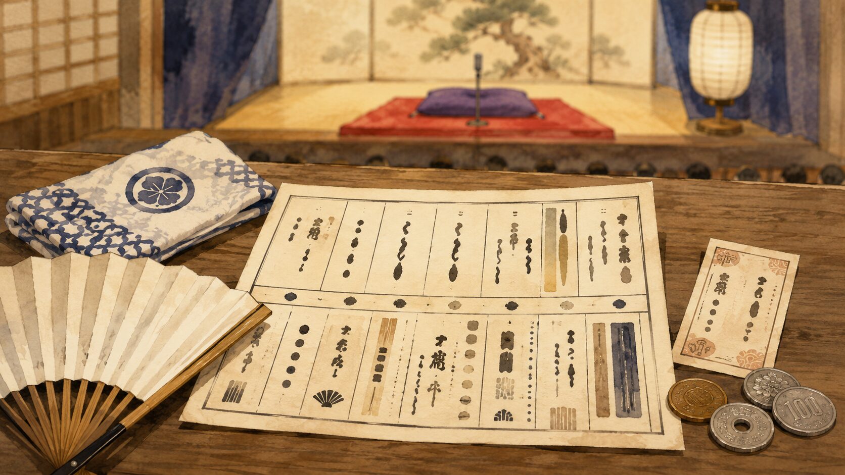 寄席の番組表と扇子で落語用語を確認する様子