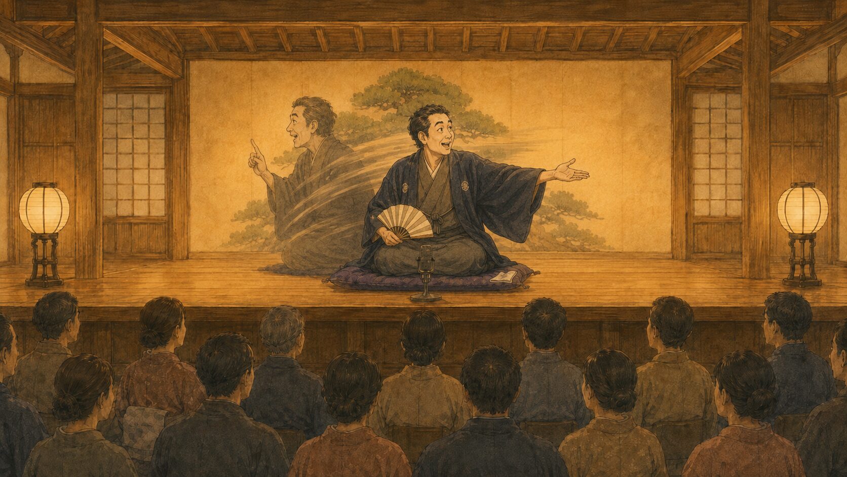 落語の上下で顔の向きを変えて人物を演じ分ける様子