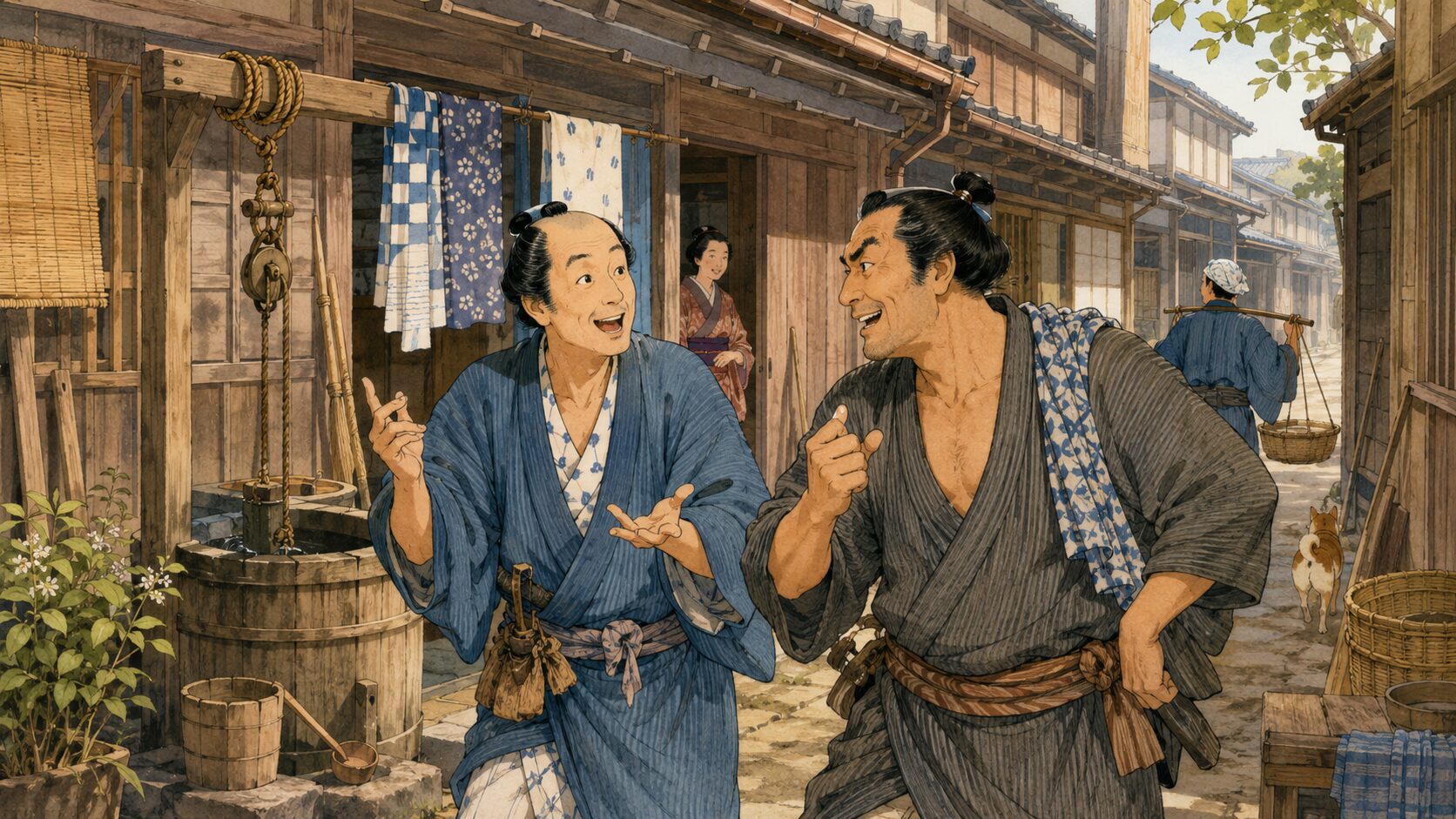八っつぁんと熊さんが長屋の路地で話す庶民的な場面