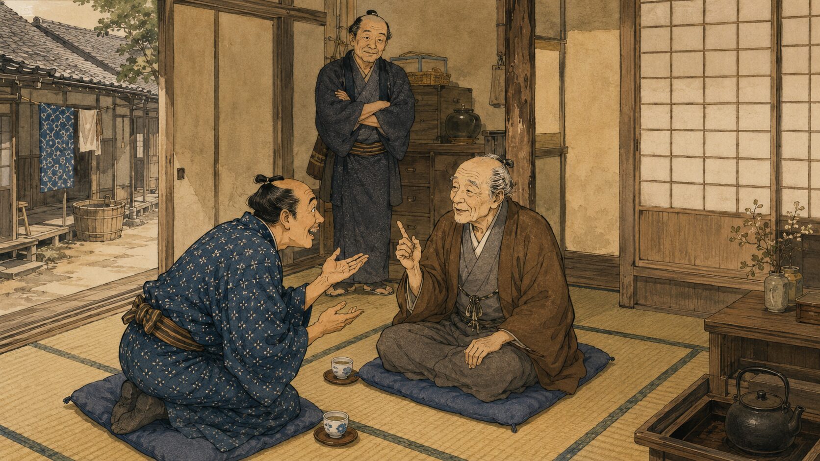 ご隠居に相談する町人と長屋を見守る大家さんの関係