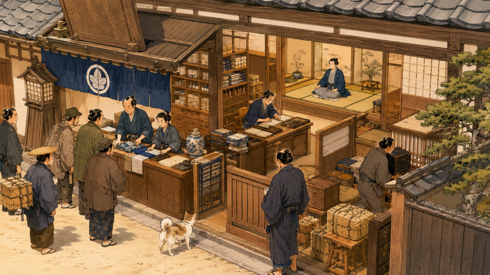 商家もの落語の舞台となる江戸の大店と帳場の様子