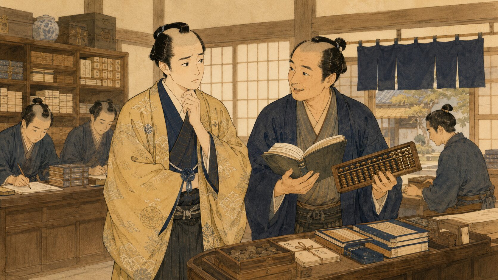 若旦那と番頭の違いが分かる商家の帳場の場面