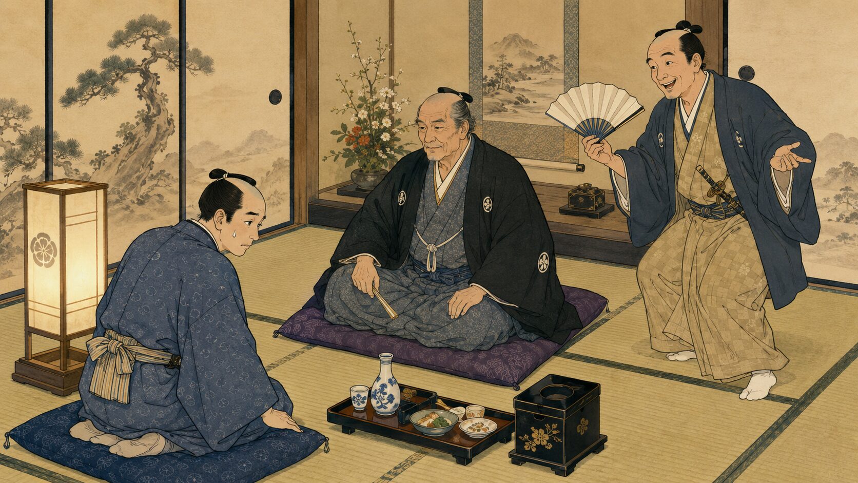 大旦那の貫禄と幇間の役割が分かる商家の奥座敷
