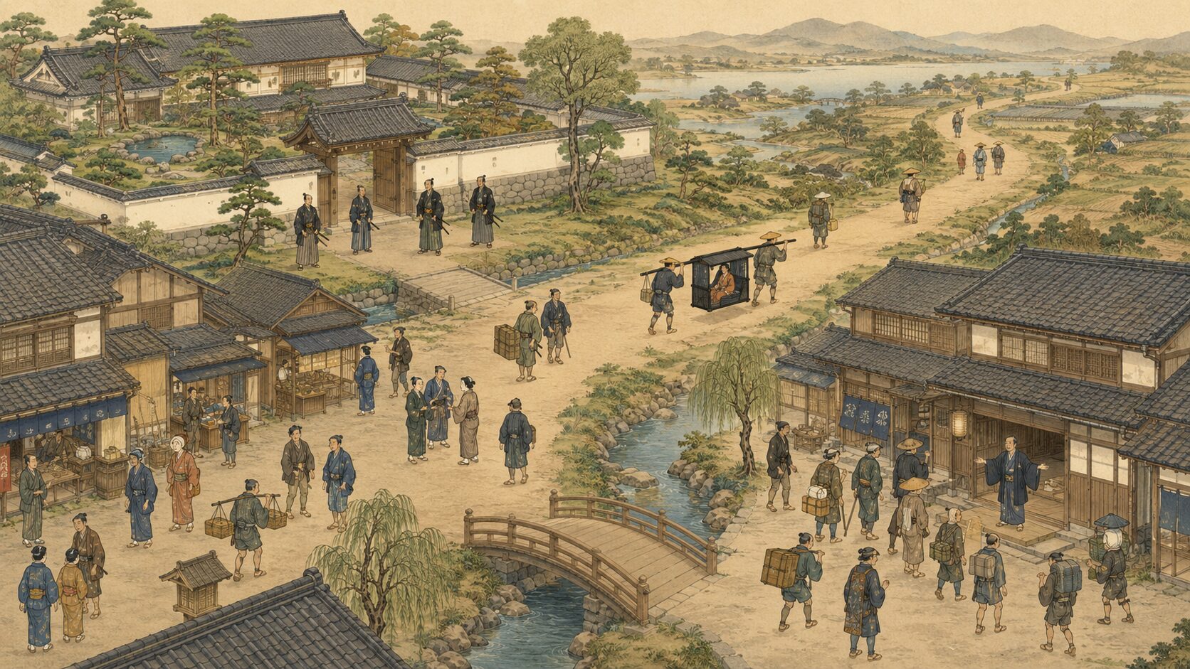 町人武士旅人宿屋駕籠かきの役割を俯瞰で示す場面