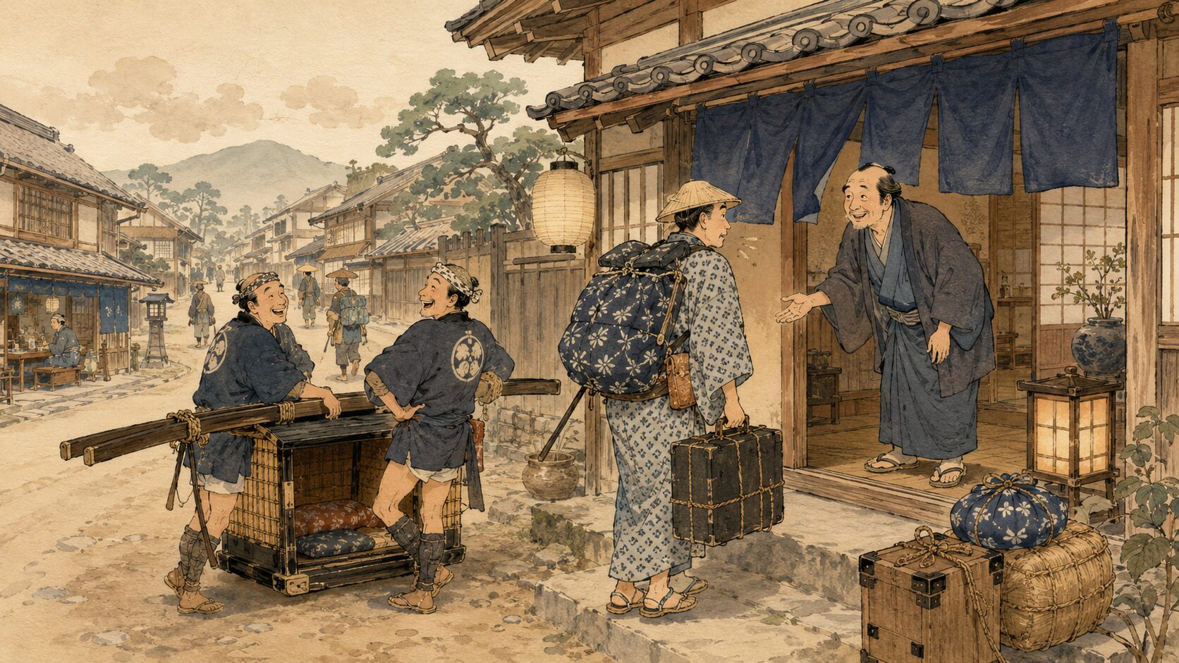 旅人宿屋駕籠かきが登場する旅もの落語の宿場風景