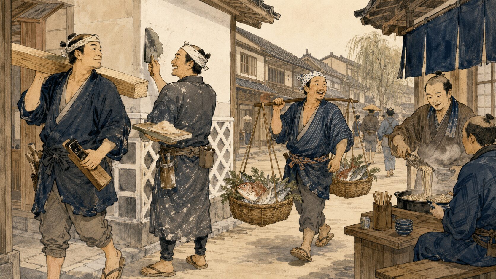 江戸の職人が町角で働く落語に出る暮らしの様子