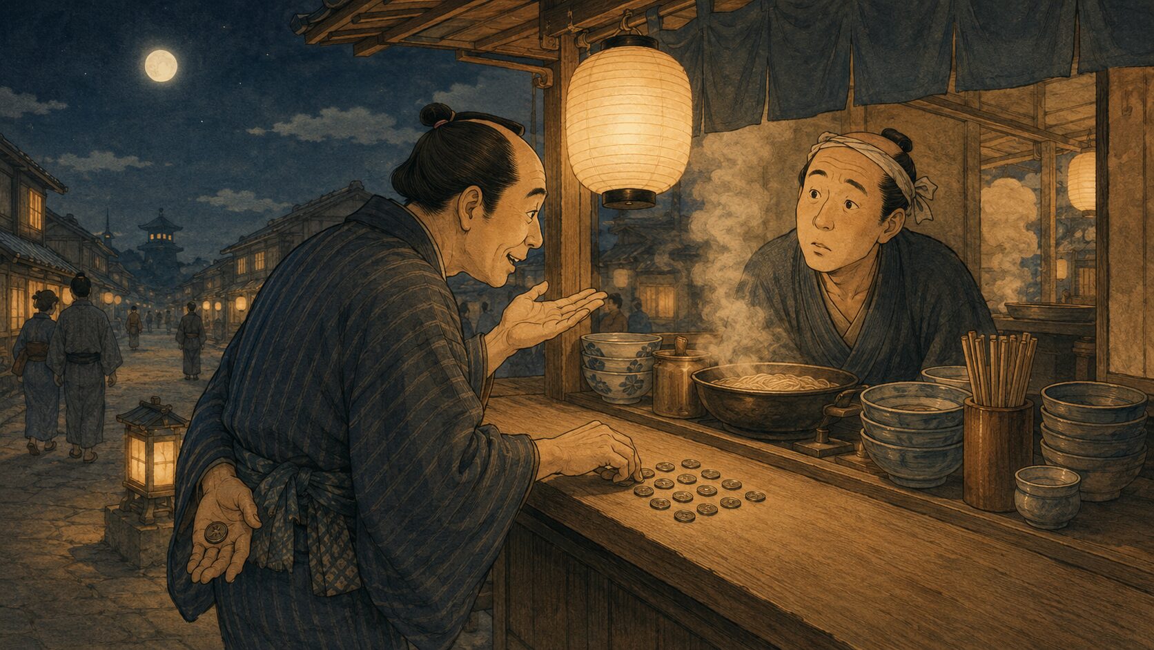 時そばで十六文を数えながら九つの時刻を尋ねる場面