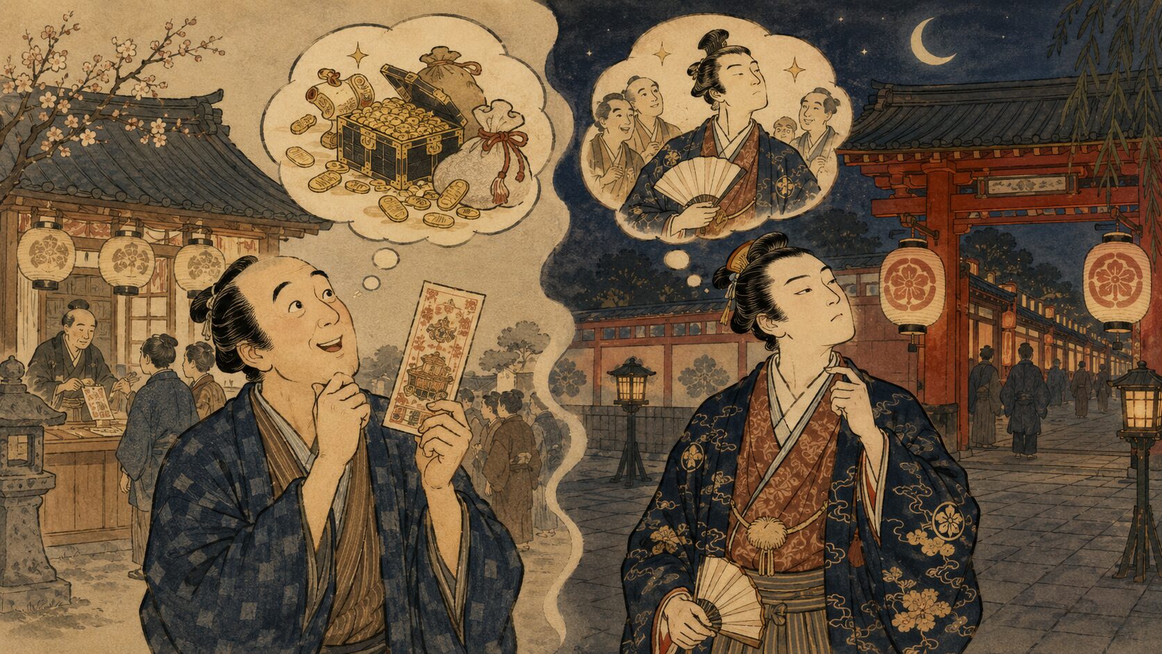 富くじの欲と吉原での見栄を対比して見せる江戸の遊び