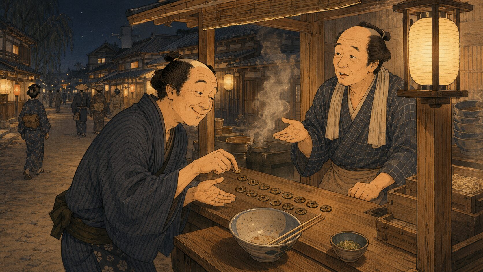 時そばでそば代の十六文を数えながら時刻を尋ねる場面