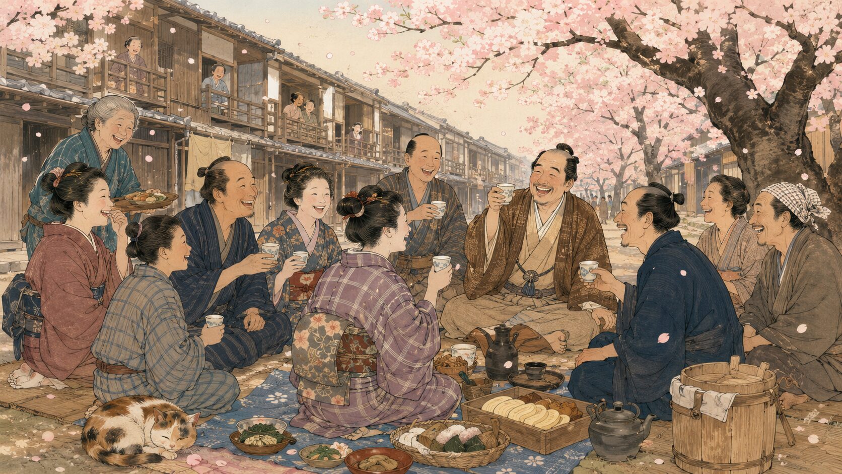 長屋の花見で貧しくても陽気に春を楽しむ町人たち