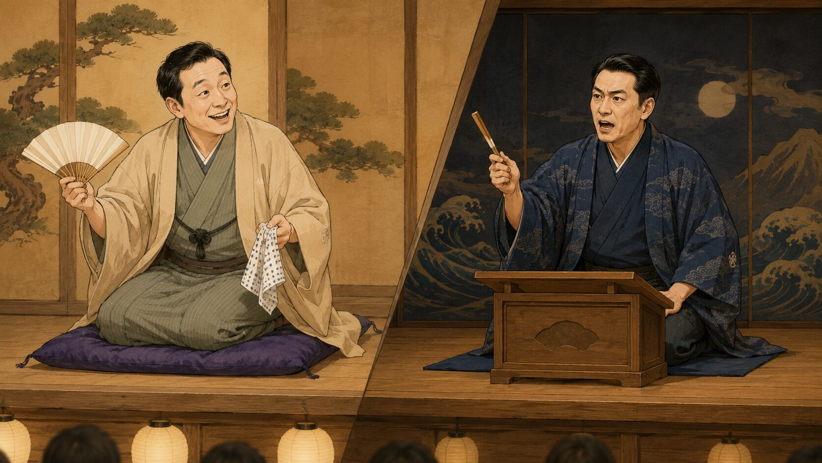 落語と講談の違いを座布団と釈台で比較する様子