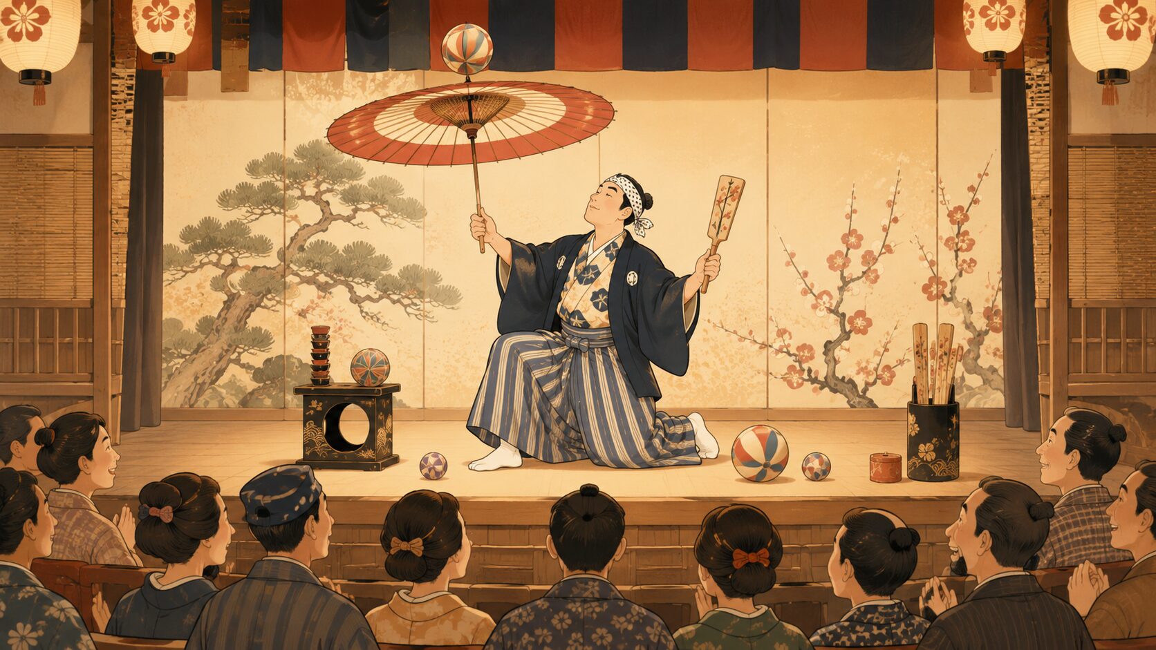 太神楽の傘回しで寄席の舞台が華やぐ様子
