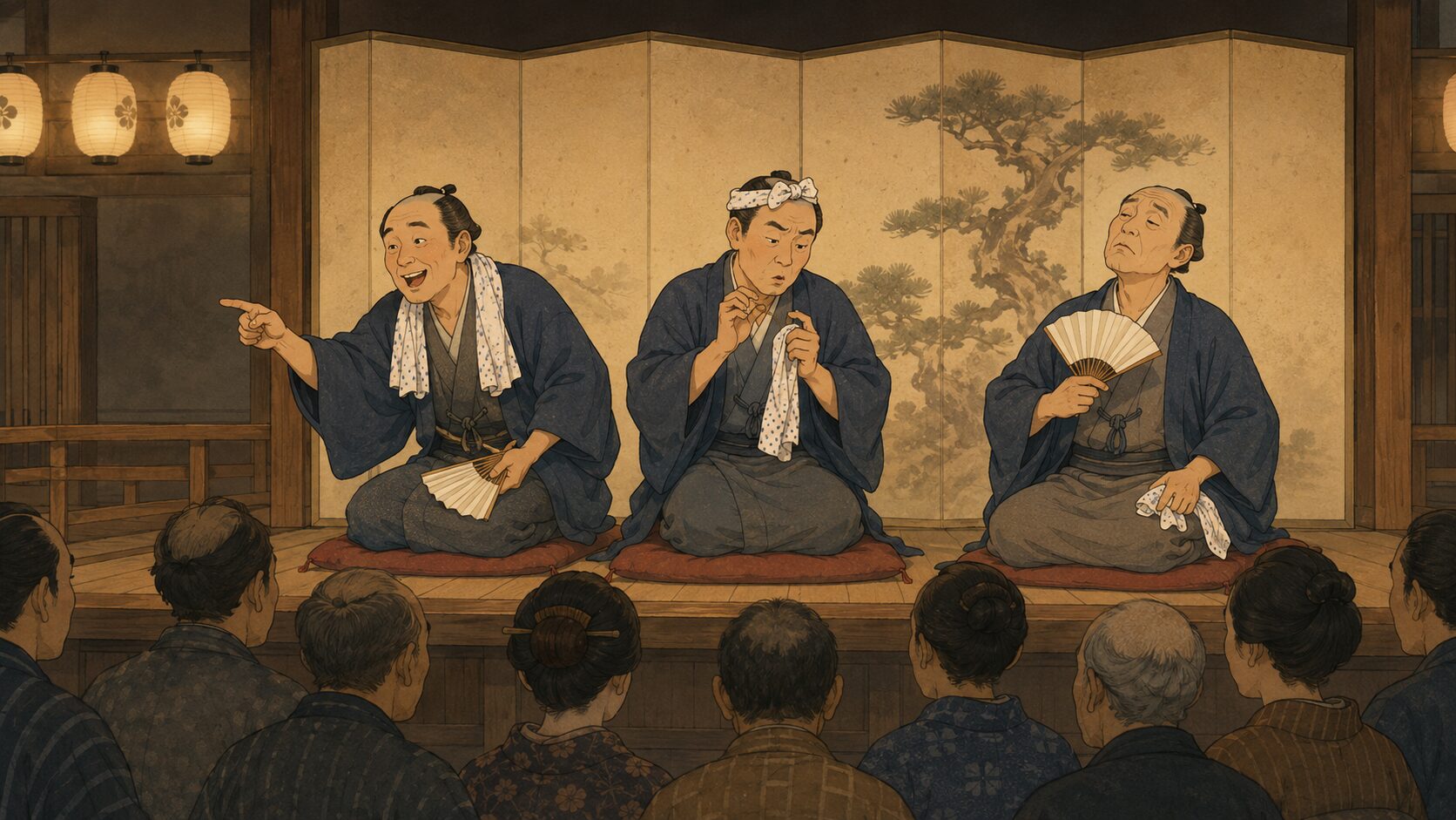落語の高座で江戸ことばによる人物の違いを演じ分ける様子
