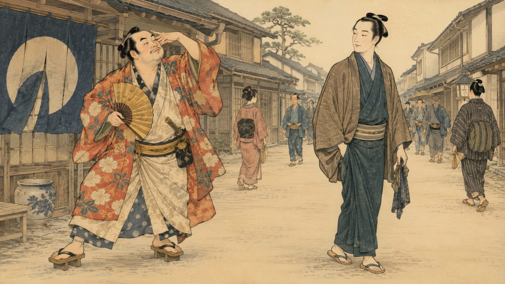 野暮と粋の違いを江戸の町人の振る舞いで比べる場面