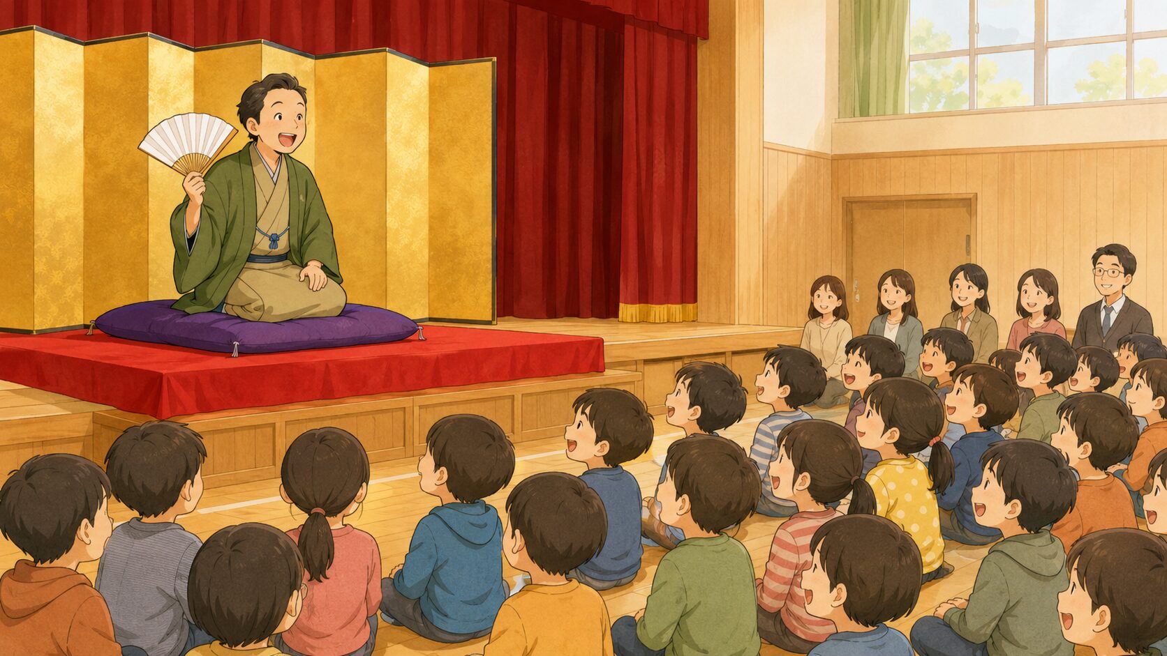 学校寄席で子どもたちが生の落語を楽しく聞く様子