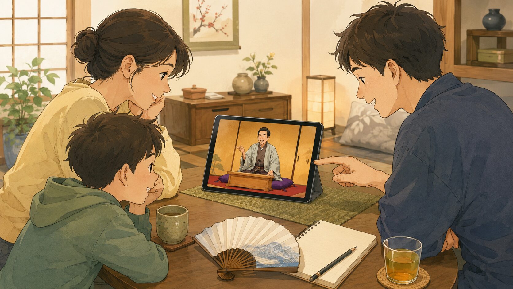 初心者や親子が動画で気軽に落語を聞き始める場面