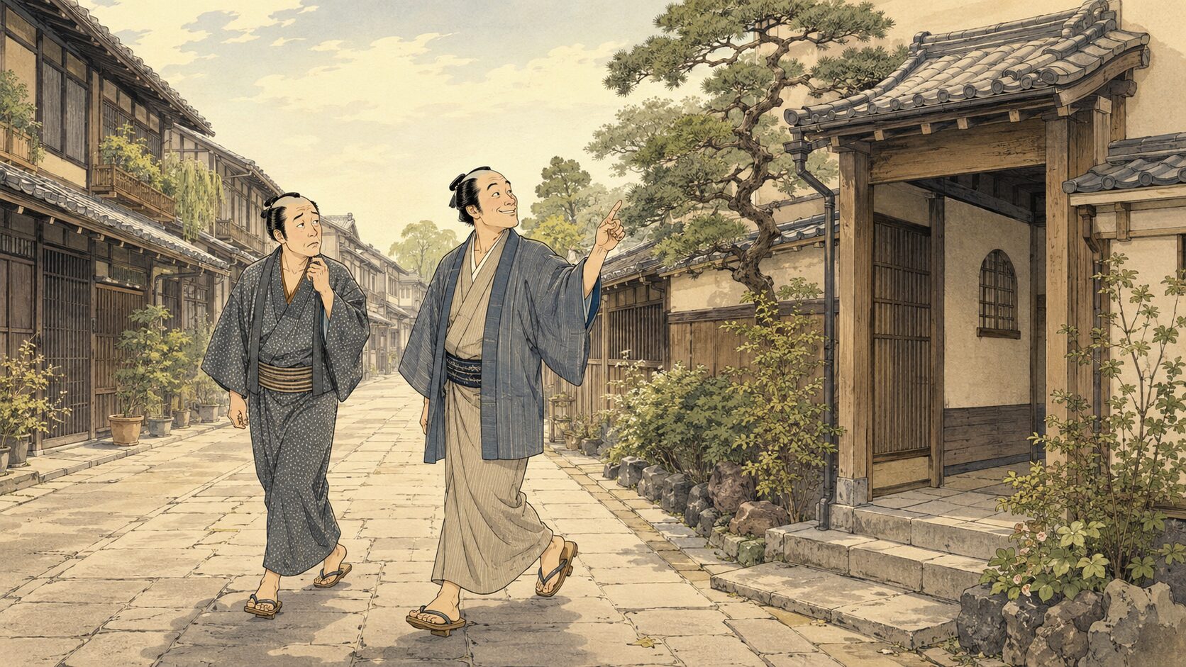 落語『あくび指南』で男が友人を連れて指南所へ向かう場面