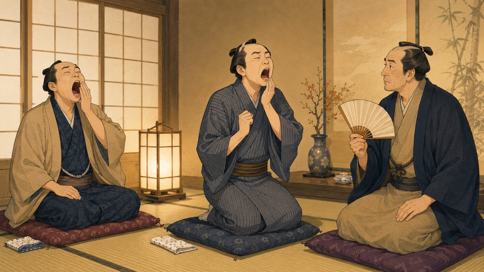 落語『あくび指南』で退屈した友人の自然なあくびが褒められる場面