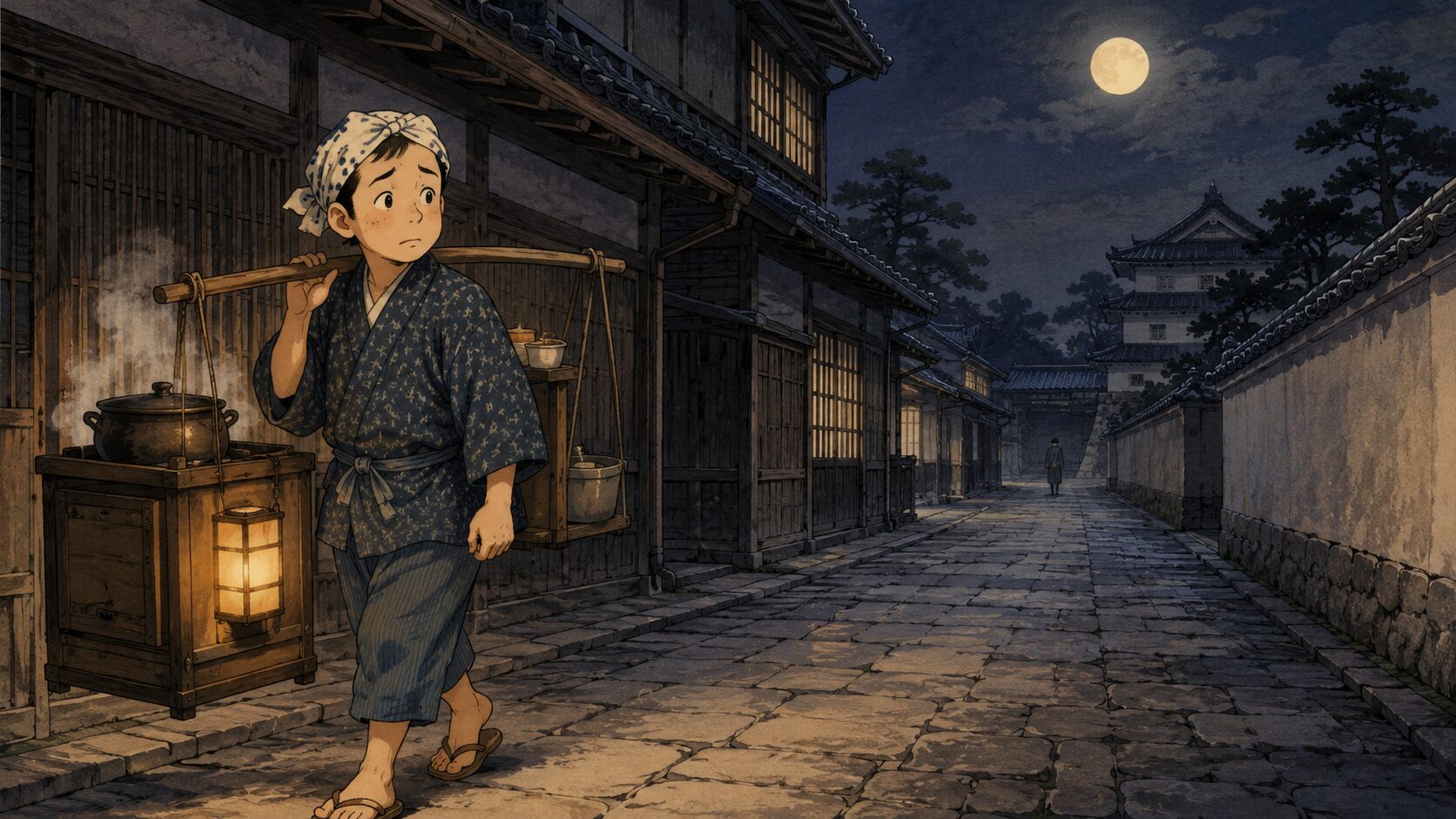 落語『石返し』で汁粉売りの若者が夜の町へ商売に出る場面