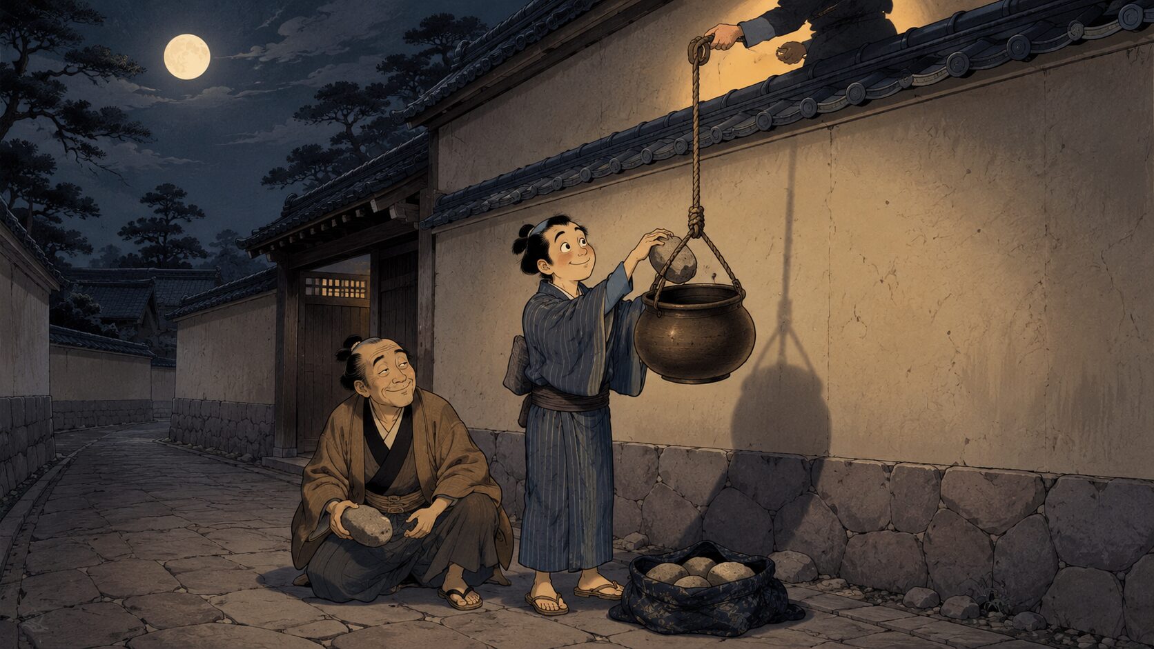 落語『石返し』で親子が屋敷から下りた鍋に石を入れて仕返しする場面