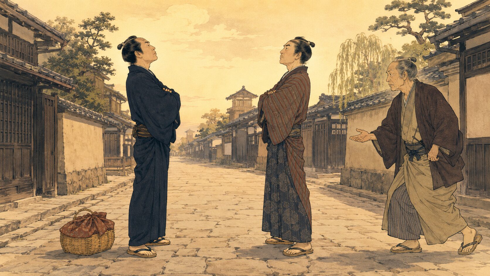 落語『意地比べ』で隠居のせがれが道の真ん中で相手に譲らない場面