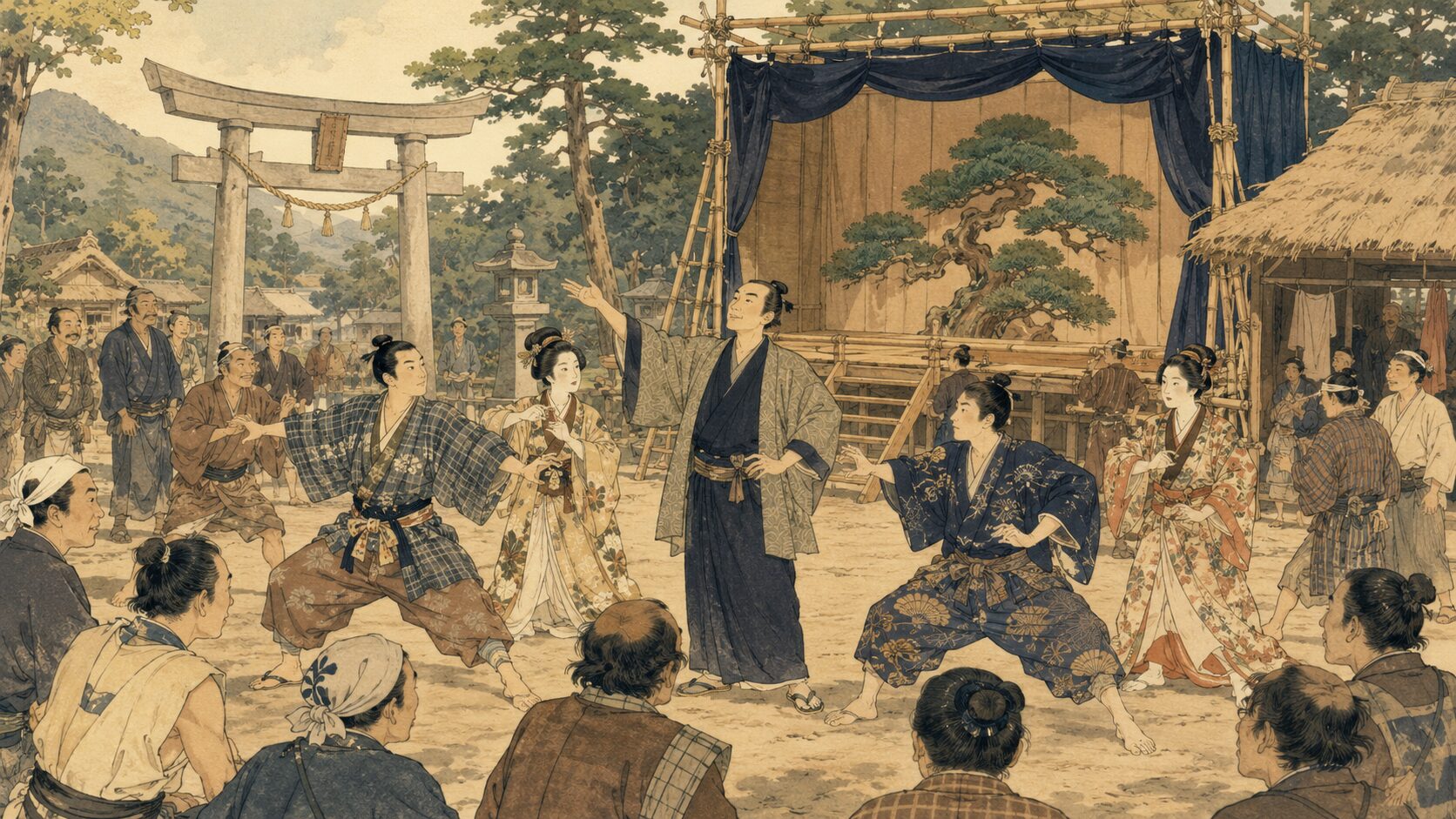 落語『田舎芝居』で村人たちが祭礼の舞台で忠臣蔵を演じる場面