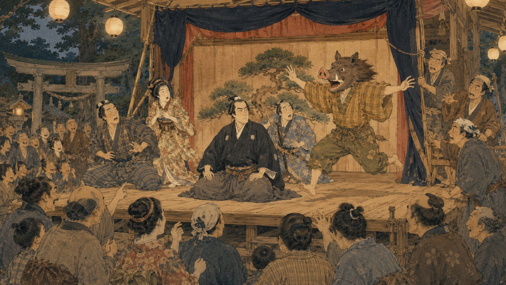 落語『田舎芝居』で忠臣蔵の舞台に猪役の男が飛び出す場面