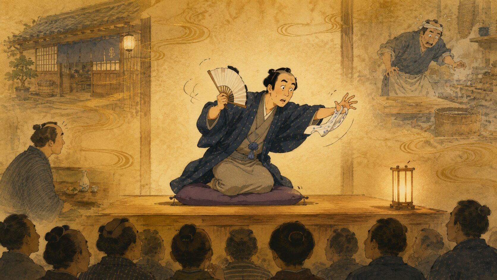 落語『鰻屋』を高座で演じる噺家と見えない鰻の仕草