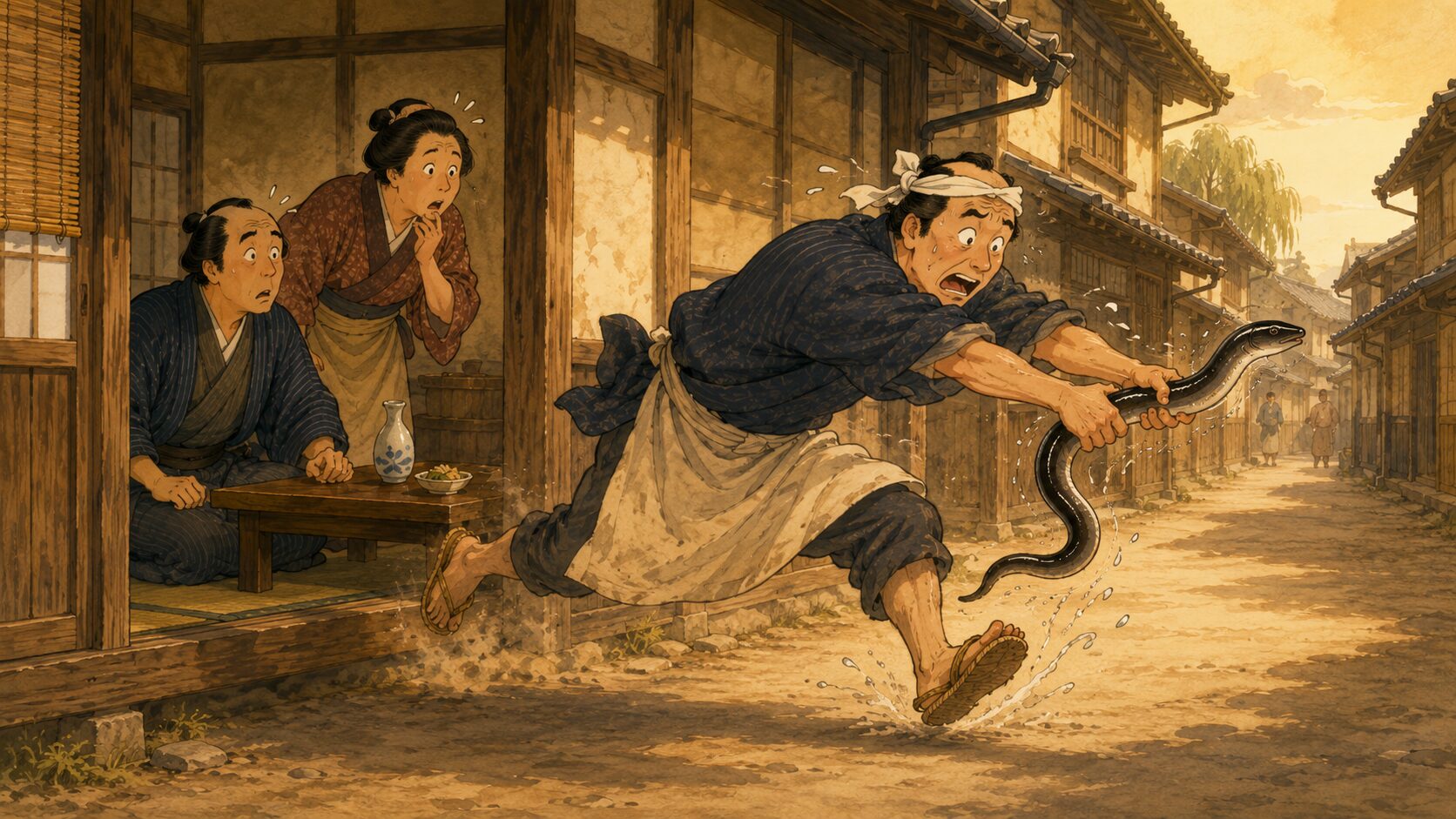 落語『鰻屋』で主人が鰻に引っ張られて店の外へ出る場面