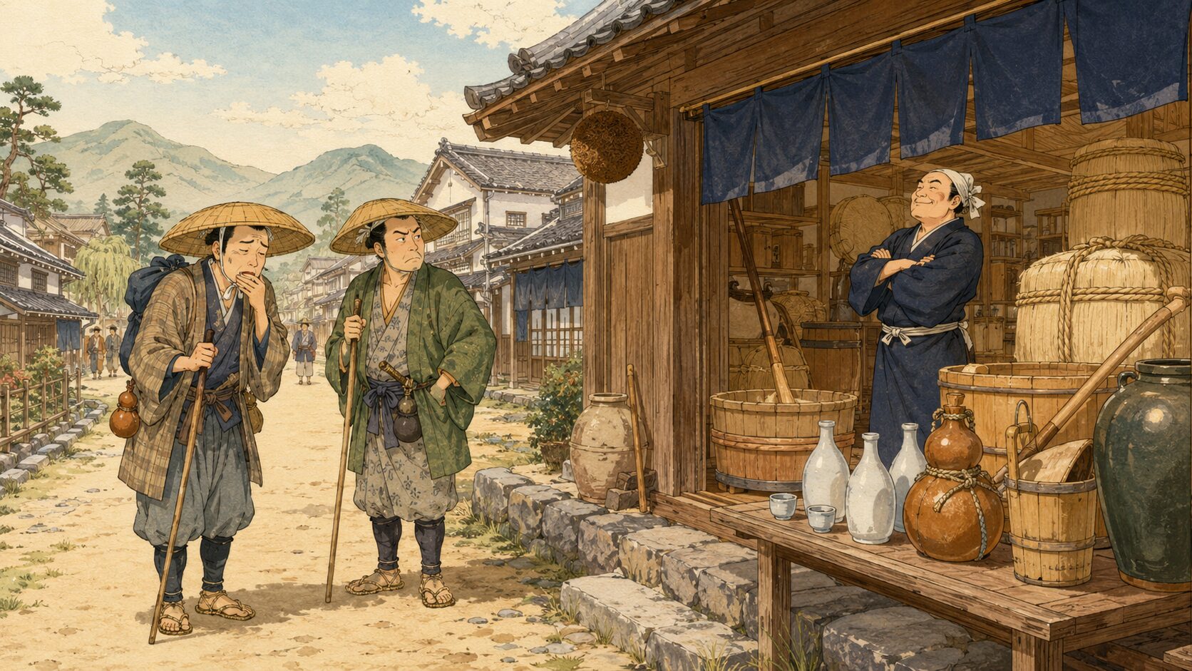落語『うんつく酒』で喜六と清八が街道筋の造り酒屋に立ち寄る場面