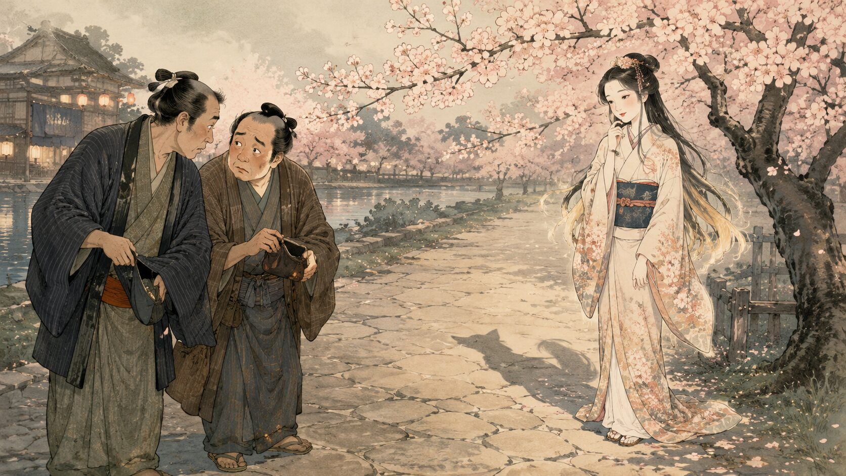 落語『乙女狐』で二人組が乙女に化けた狐を見つける場面