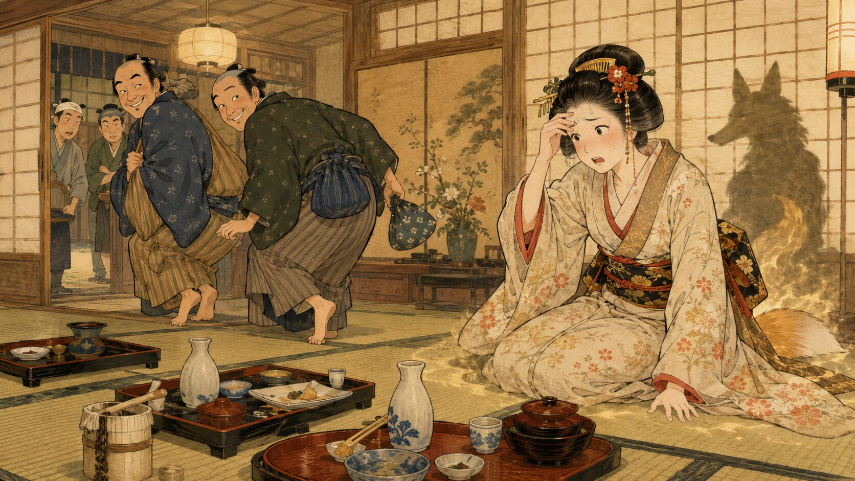 落語『乙女狐』で料理屋に残された狐が眉唾を悔やむ場面 