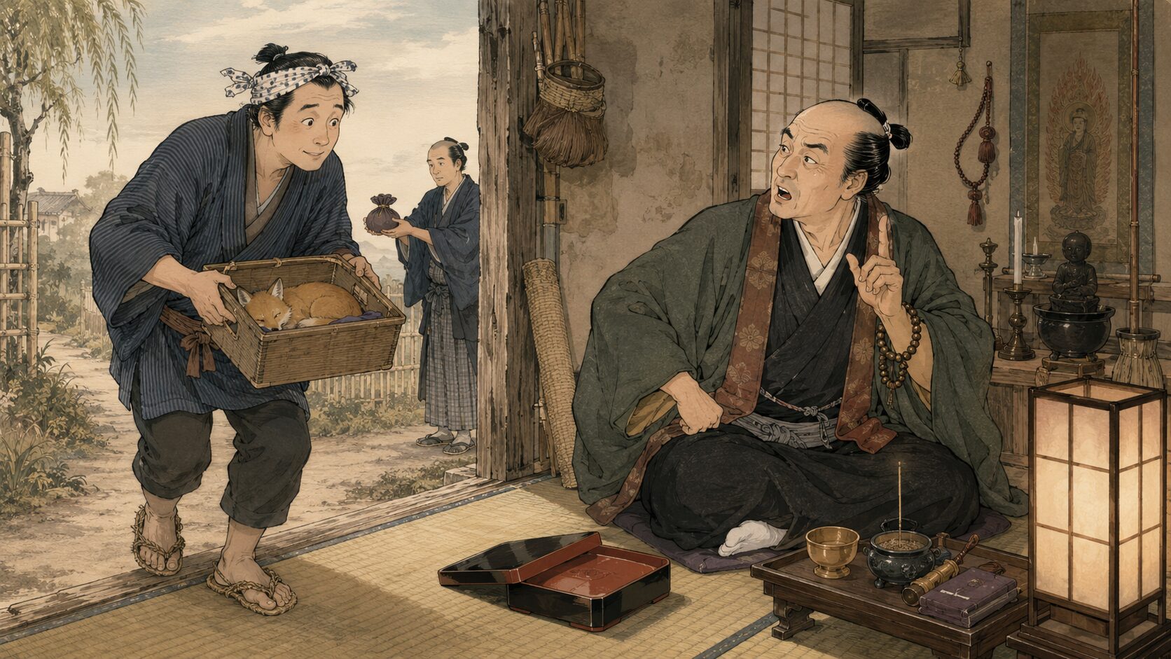 落語『お盆』で権助が狐を持ち帰り法印が祈祷の仕掛けを考える場面