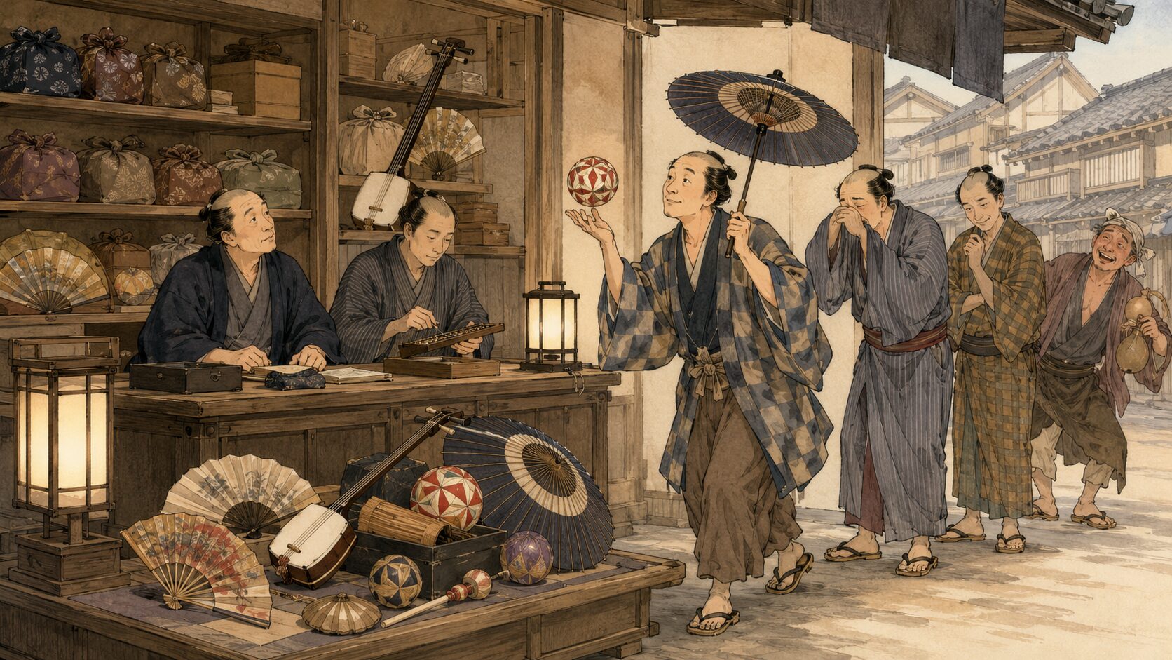 落語『音曲質屋』で芸を質草にして人々が質屋へ集まる場面