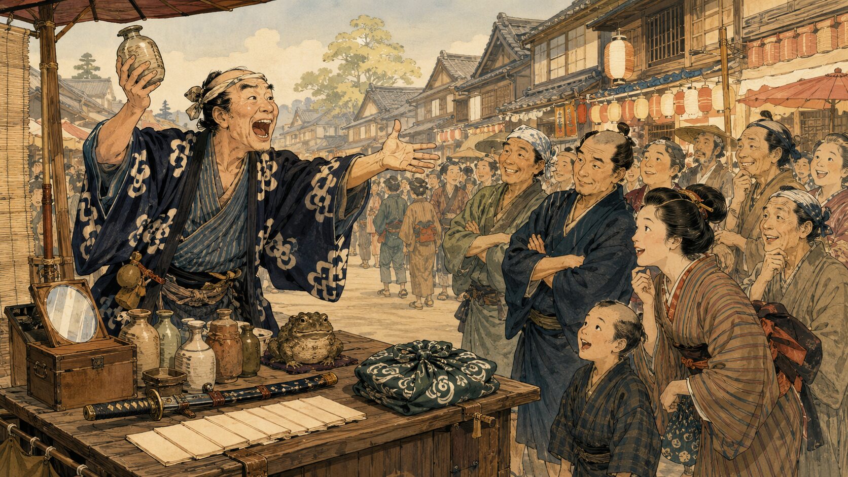 落語『がまの油』で香具師が大道で薬売りの口上を述べる場面