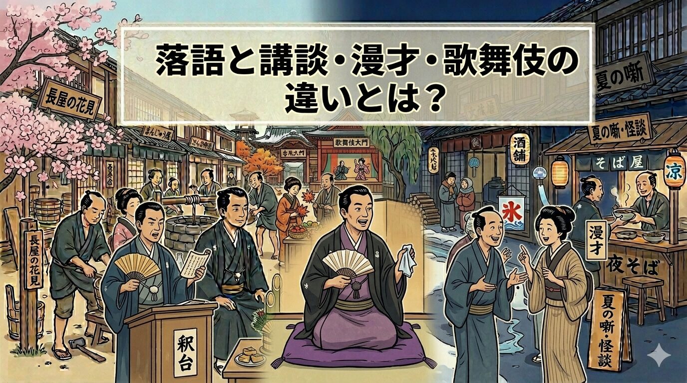 落語と講談漫才歌舞伎の違いを比較して解説する場面