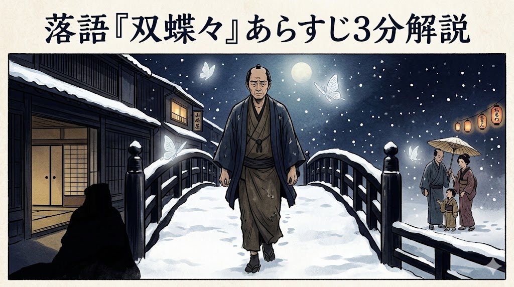 落語『双蝶々』の長吉が雪の夜に親子の情と罪の重さに向き合う場面を描いたアイキャッチ