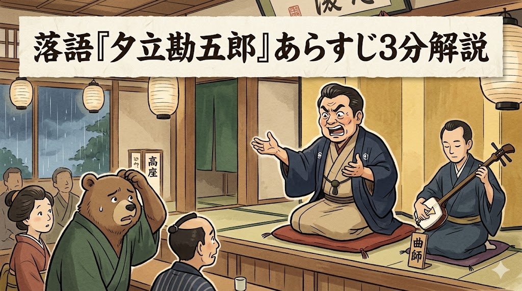 落語『夕立勘五郎』あらすじ3分解説のアイキャッチ画像、寄席で浪花節の珍調子に戸惑う熊さんを描いた和風イラスト