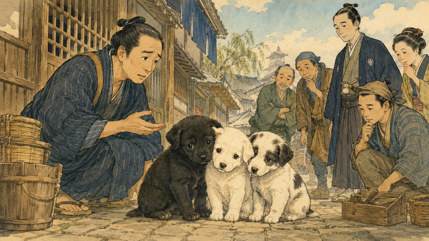 落語『鴻池の犬』で三匹の子犬が町内で拾われる場面