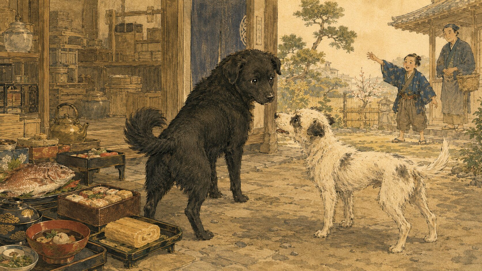 落語『鴻池の犬』で黒犬と白犬が再会しごちそうをめぐる場面