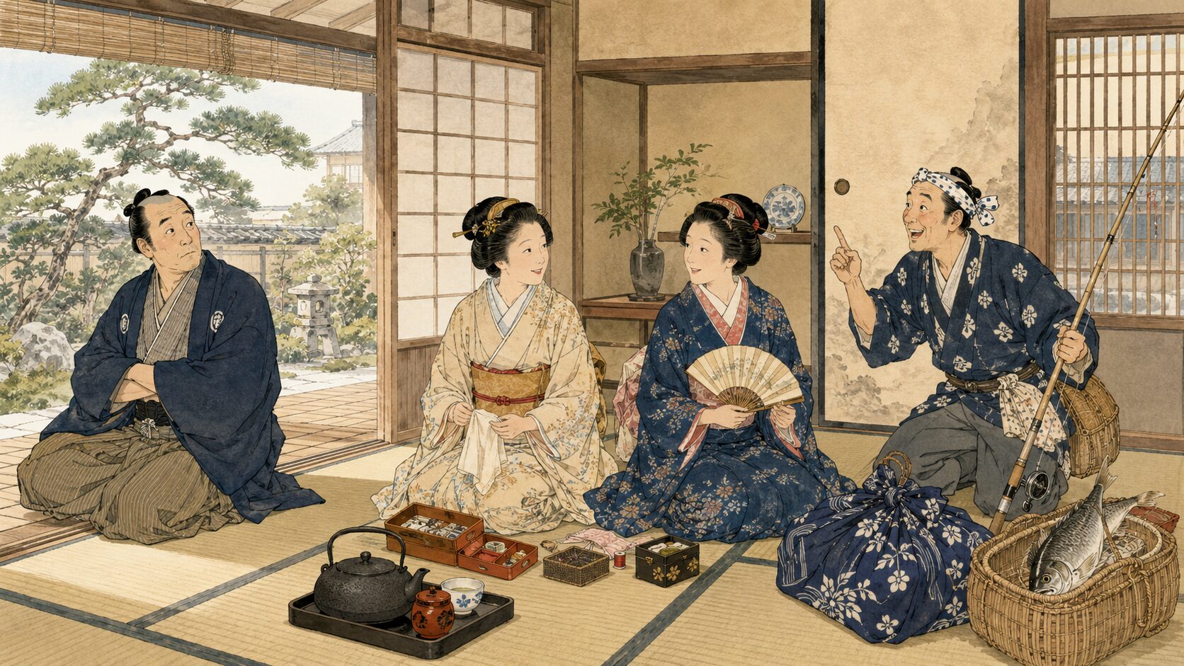 落語『高野駕籠』で本妻と妾の仲のよさに旦那が戸惑う場面