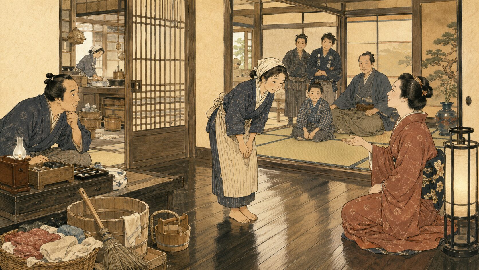 落語『仔猫』で女中お鍋が船場の商家へ奉公に来る場面