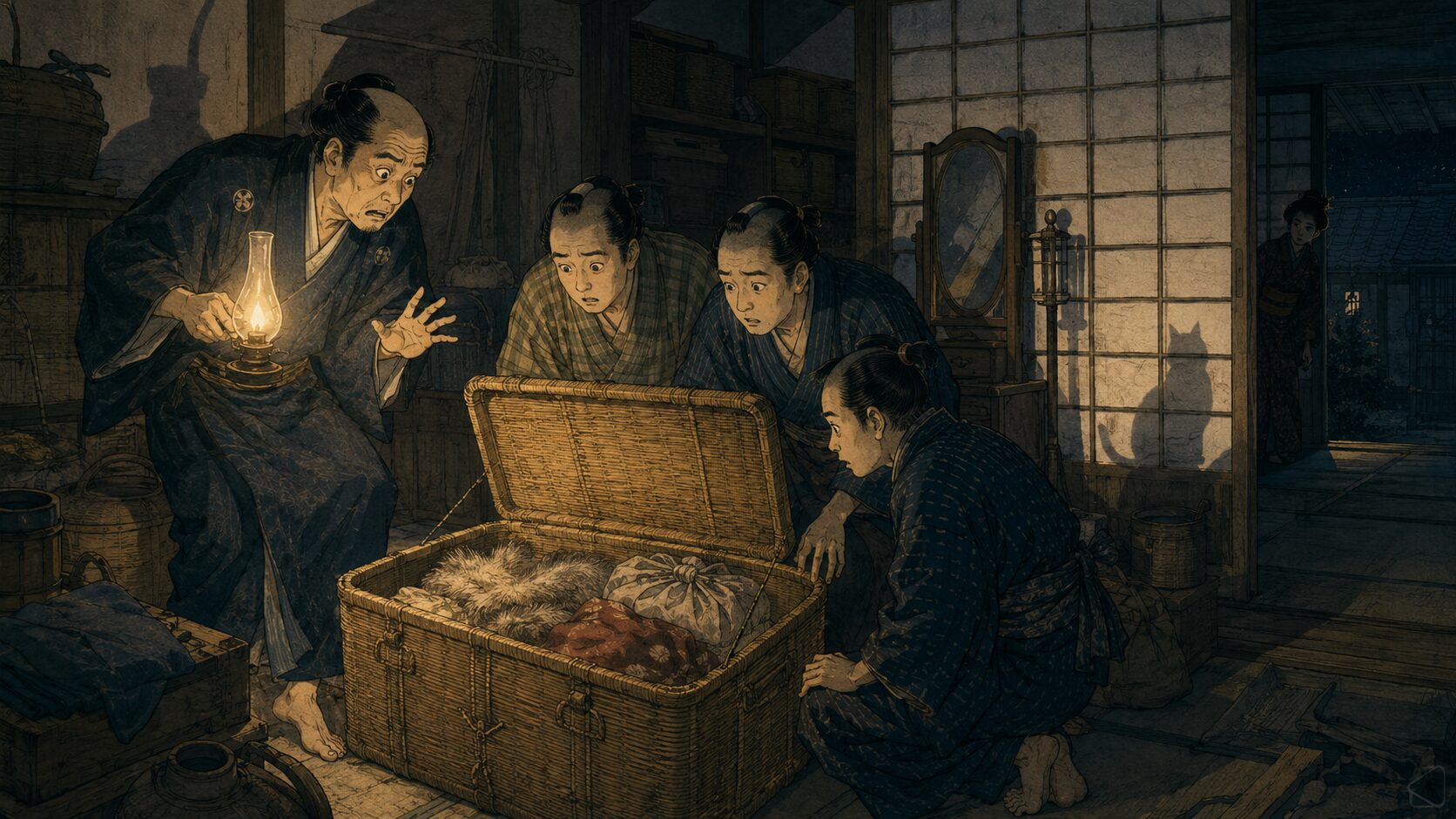 落語『仔猫』で番頭たちがお鍋の行李から猫にまつわる秘密を見つける場面