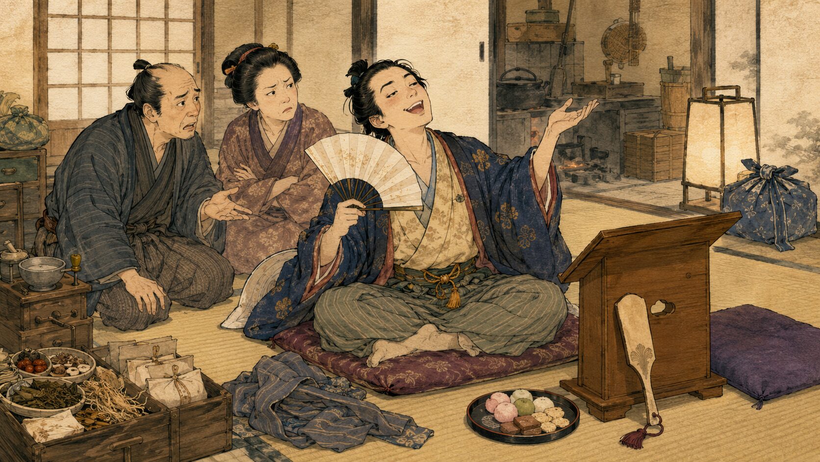 落語『五目講釈』で居候の若旦那が講釈師になると言い出す場面